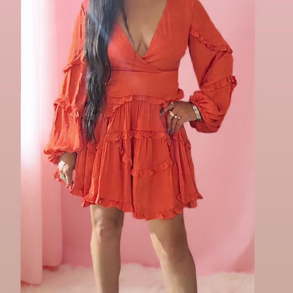 Bardot Coral-Red Ruffle V-Neck Mini Dress